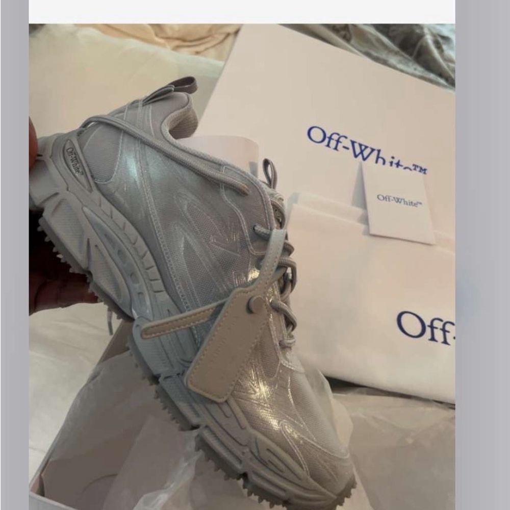 Off-White Silver Sneakers with Unique Design